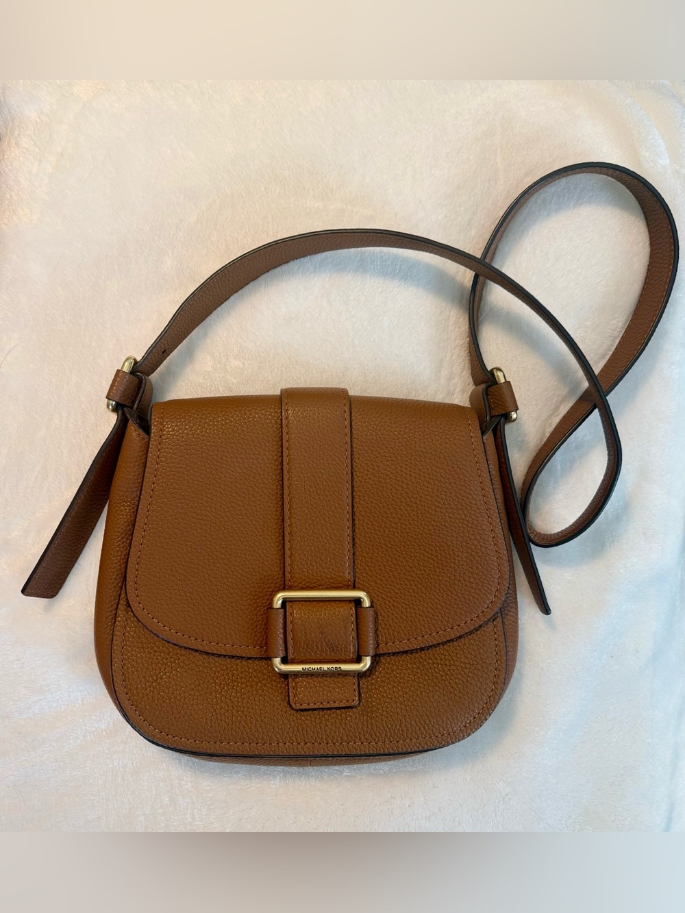 Michael Kors Maxine Large Saddle Bag Crossbody Pebbled Leather Saddle Brown VGUC